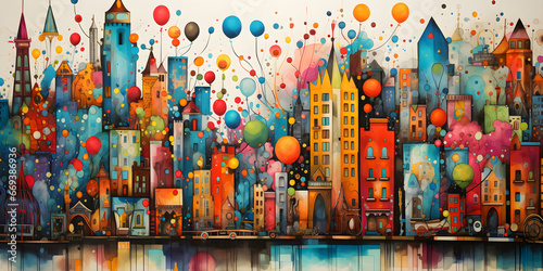 Fotobehang colourful painting of the city skyline with balloons cartoon landscape backgroun