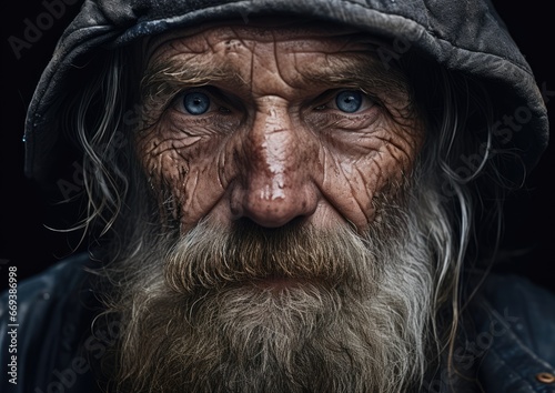 A hyperrealistic close-up photograph of a fisherman's weathered face, capturing every wrinkle and