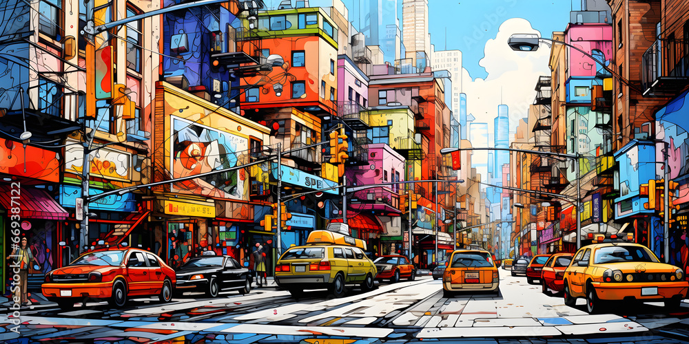 Fototapeta premium colourful painting of the busy city streets cartoon landscape background illustration