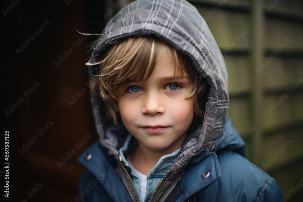 Portrait of a little boy in a jacket and hood on the street Portrait of a little boy in a jacket and hood on the street