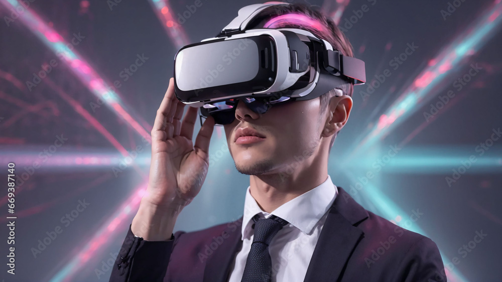 a man in a suit and tie wearing a virtual reality headset with a star burst background a man in a suit and tie wearing a virtual reality headset with a star burst background