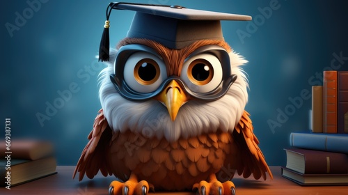 A cartoon character design of a smart owl with big round eyes, a book in its claws, and a graduation hat on its head. AI Generative