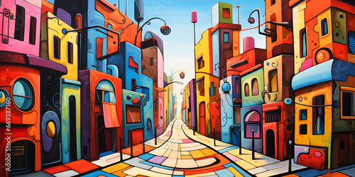 colourful painting of the city streets cartoon landscape background illustration © sam