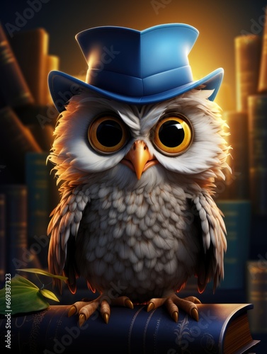 A cartoon character design of a smart owl with big round eyes, a book in its claws, and a graduation hat on its head. AI Generative