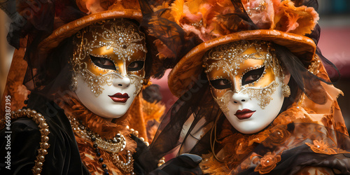 Banner Traditional Festival Venice, Italy Colorful carnival masks. Generation AI