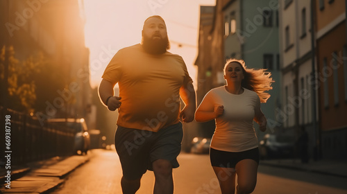 Couple of fat man and woman are running marathon down street against backdrop of setting sun. Concept weight loss, sports training photo
