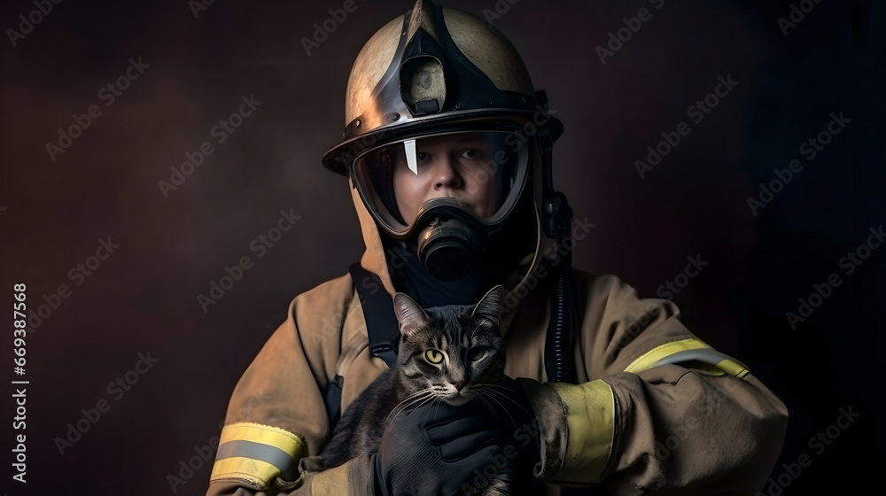 Portrait of fireman in protective suit and red helmet holds saved cat from burning house. Concept heroic emergency service firefighter in fire fighting operation