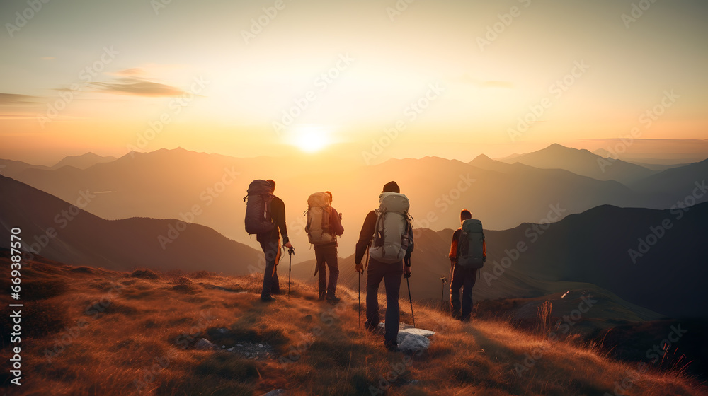 Group tourists of hiker sporty people walks in mountains at sunset with backpacks. Concept banner adventure with copy space