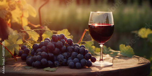 Banner glasses of red wine with grape on wooden table background sunset vineyard farm