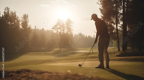 Golfer play putting golf ball on green field, sunset time