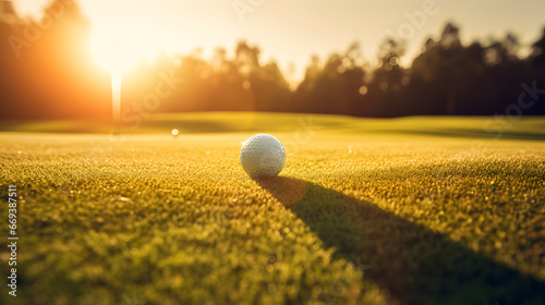 Closeup golf ball on green field, sunset time. Generation AI. photo