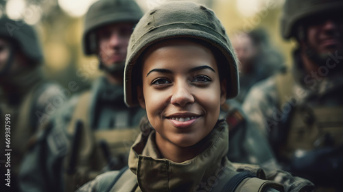 Portrait of smile young woman soldier in uniform background team army. Banner private military mission.