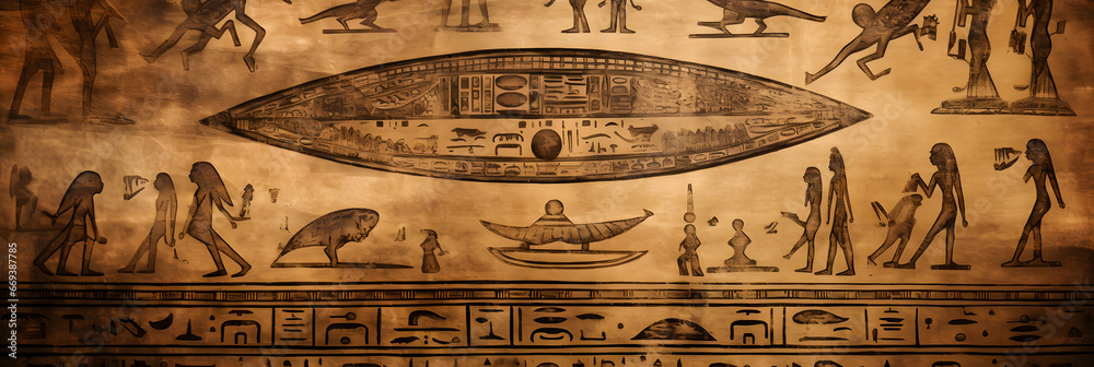 Egyptian hieroglyphs, Egypts people worship aliens UFO flying saucers. Generation AI.