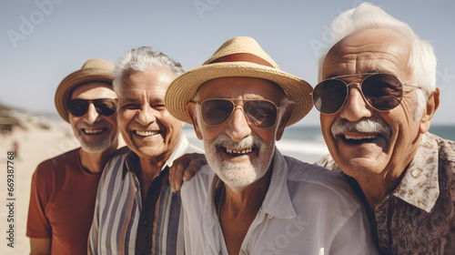 Group of happy retired old people on beach summer relax. Pensioners smiling, friendship forever concept © Adin