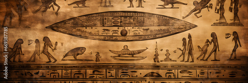 Egyptian hieroglyphs, Egypts people worship aliens UFO flying saucers. Generation AI.