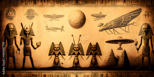 Egyptian hieroglyphs, Egypts people worship aliens UFO flying saucers. Generation AI.