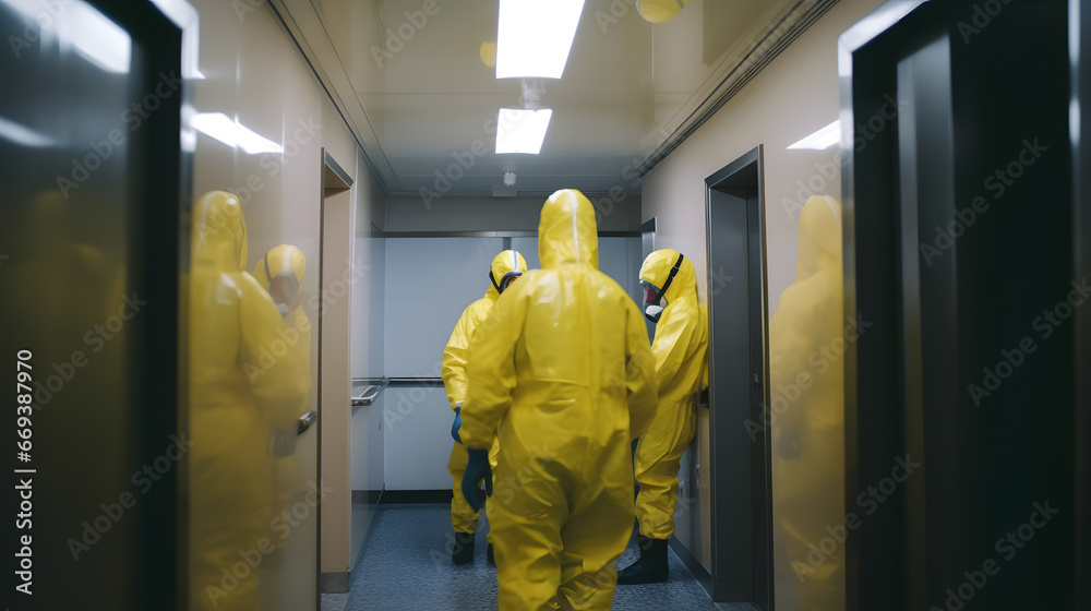 Team people in hazmats making cleaning in lift apartment. Concept biosecurity disinfection Team people in hazmats making cleaning in lift apartment. Concept biosecurity disinfection