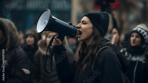 Young caucasian woman hold megaphone and protesting in city. Concept revolution or demonstration, female activist protesting, strike with group banner