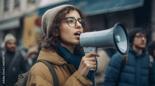 Young caucasian woman hold megaphone and protesting in city. Concept revolution or demonstration, female activist protesting, strike with group banner © Adin