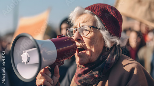 Pensioner caucasian woman hold megaphone and protesting in city. Concept against pension reform demonstration, elderly female activist protesting, strike with group banner