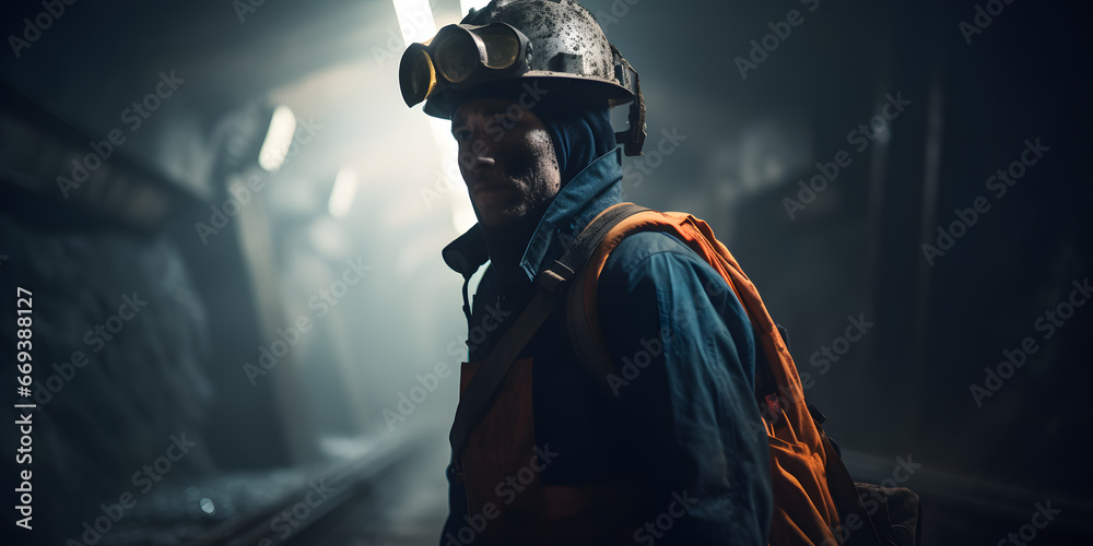 Portrait miner man with headlamps entering underground coal mine. Concept hard mining working. Generation AI Portrait miner man with headlamps entering underground coal mine. Concept hard mining working. Generation AI