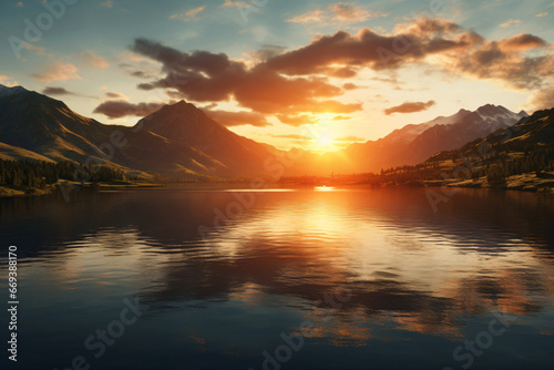 summer sunrise on lake with mountain range