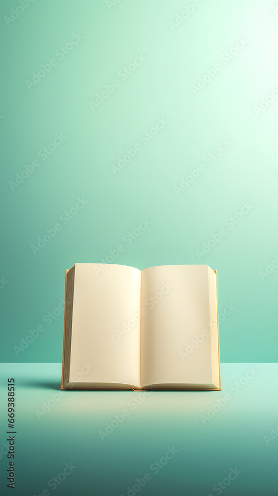 Open blank book on a light green background. Open blank book on a light green background.