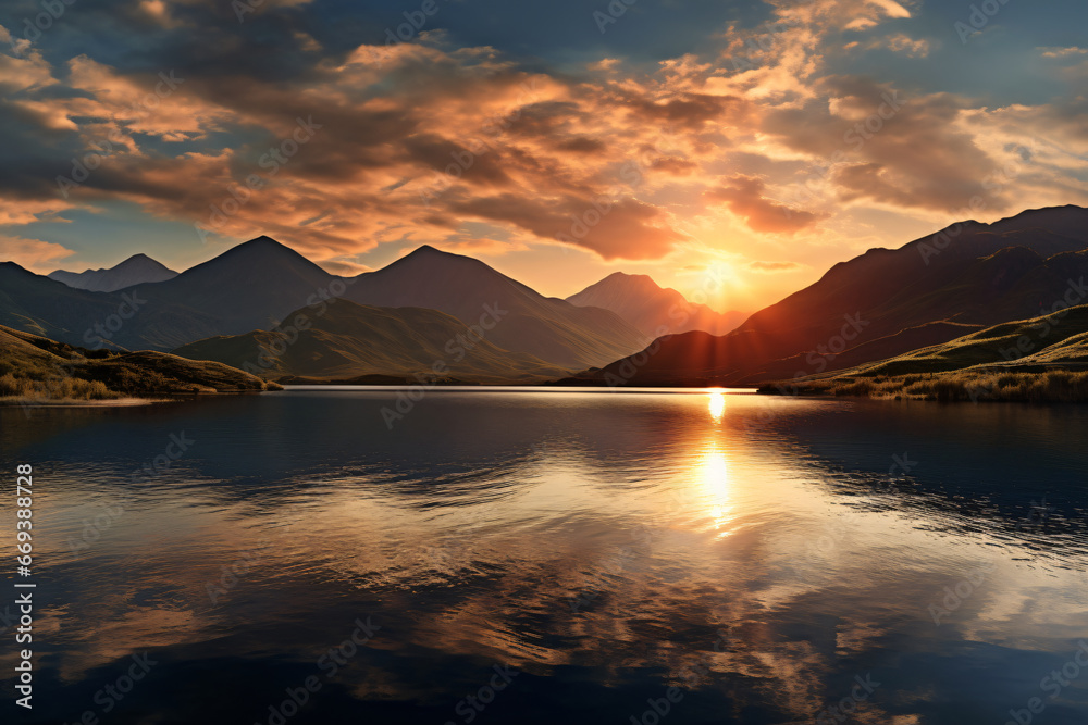 summer sunrise on lake with mountain range