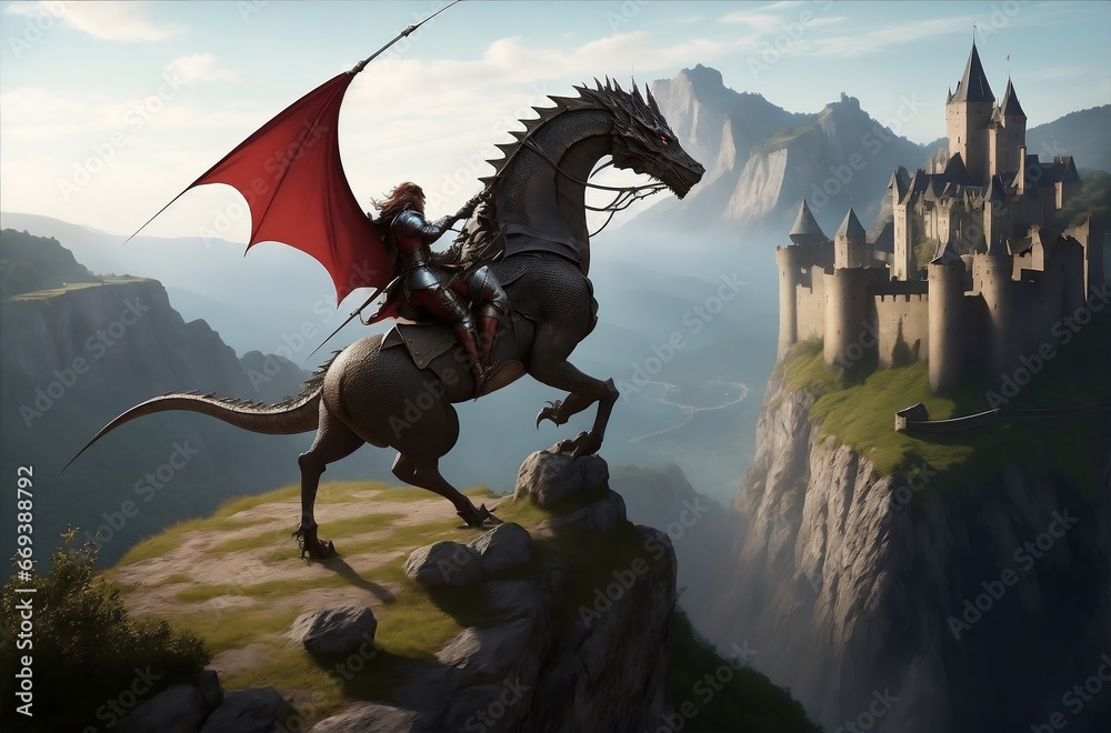 A medieval knight fighting a dragon on a cliff overlooking a castle and a village.Created with generative AI