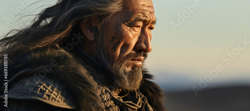 An old Mongol warrior in the mongolian steppe photo