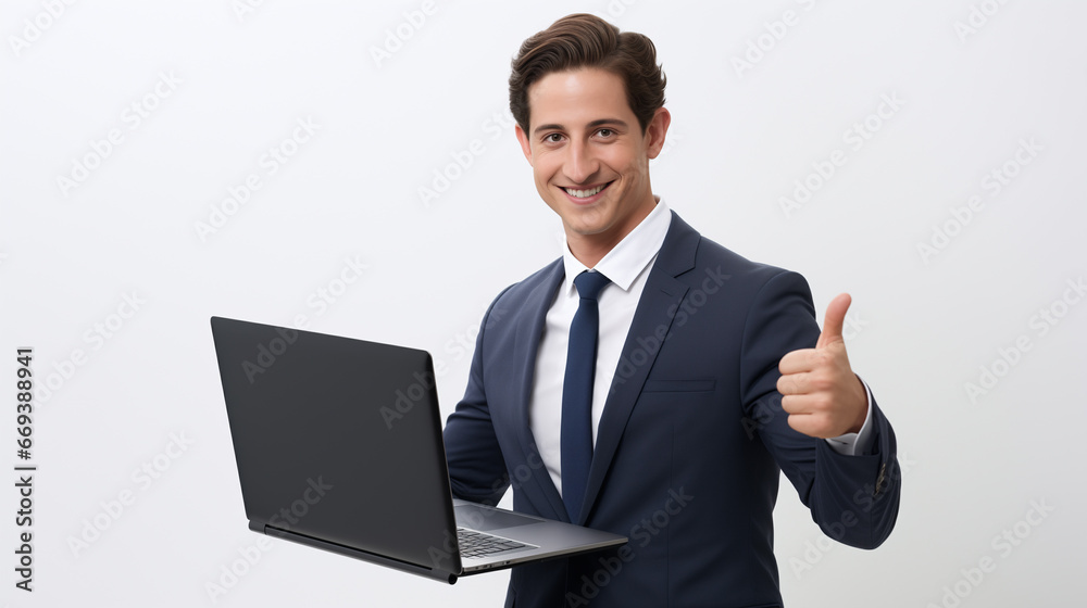 Businessman in suit holding laptop ad show thumbs up.Generative ai Businessman in suit holding laptop ad show thumbs up.Generative ai