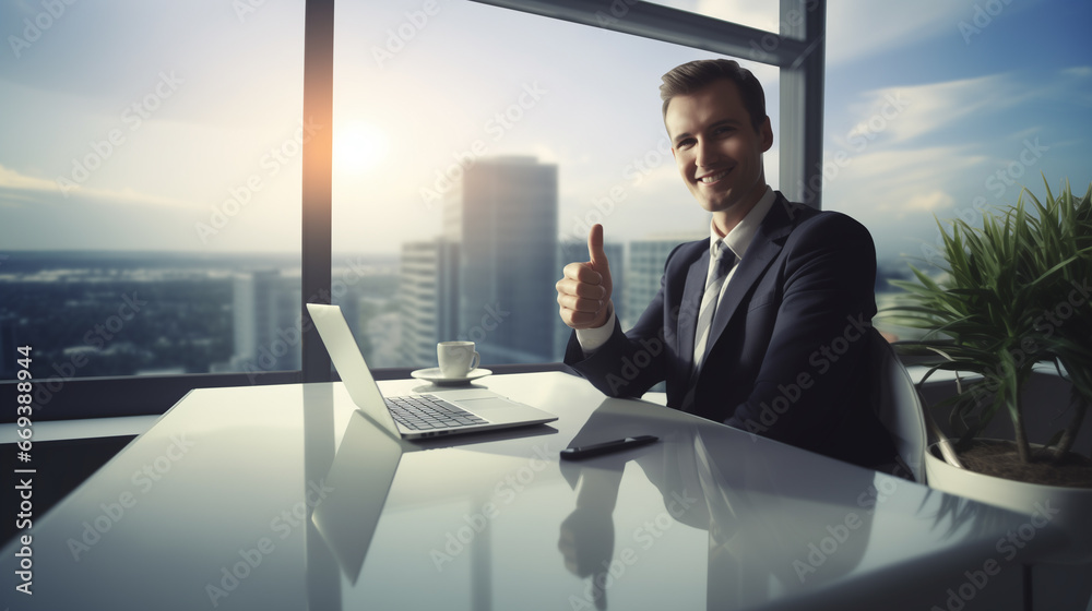 Businessman in suit using laptop and showing thumbs up sign.Generative ai Businessman in suit using laptop and showing thumbs up sign.Generative ai
