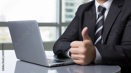 Businessman in suit using laptop and showing thumbs up sign.Generative ai © ittipol