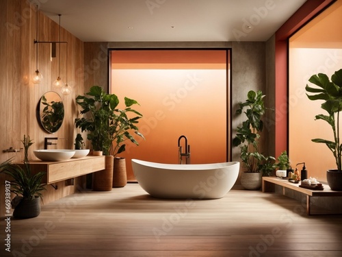 Modern Bathroom Harmony  Functional Tranquility with Wooden Vanity  Rain Shower  and Soaking Tub Beside Potted Plant