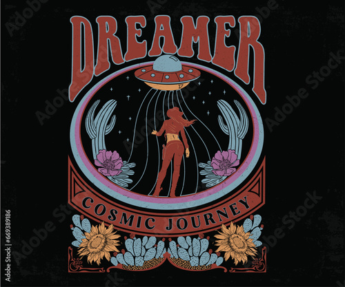 cosmic cowgirl desert dream vector illustration, ufo in desert sky, cosmic night journey artwork for t shirt, sticker, graphic print, cactus flower vector, desert night,