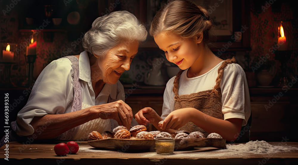 Grandma is teaching her grandchild how to cook