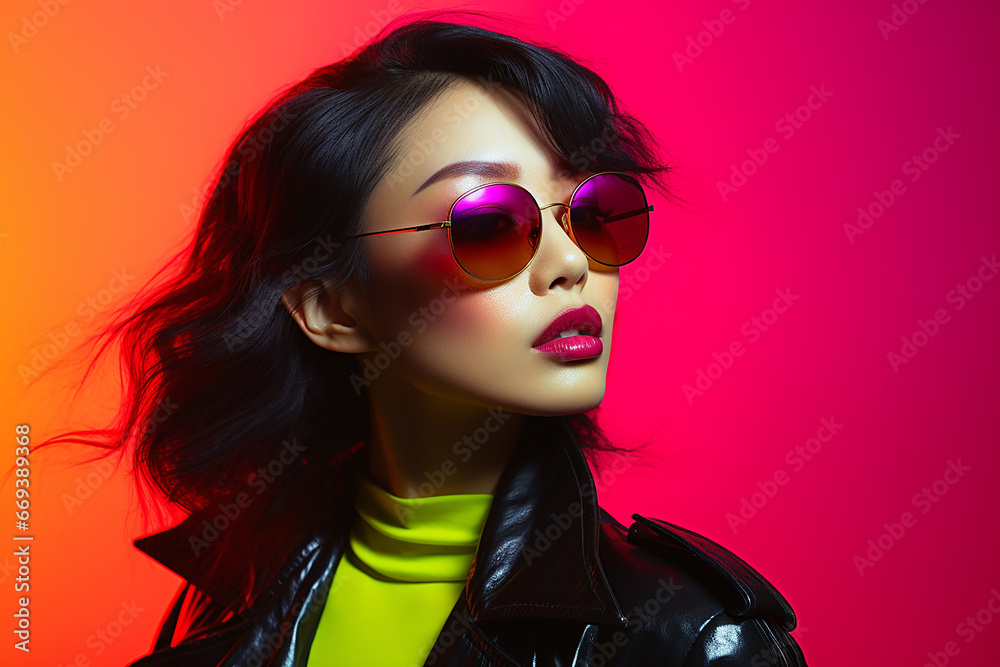 Studio portrait of beautiful asian woman wearing sunglasses on different colour background