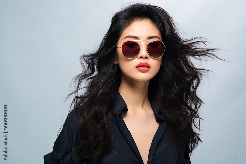 custom made wallpaper toronto digitalStudio portrait of beautiful asian woman wearing sunglasses on different colour background
