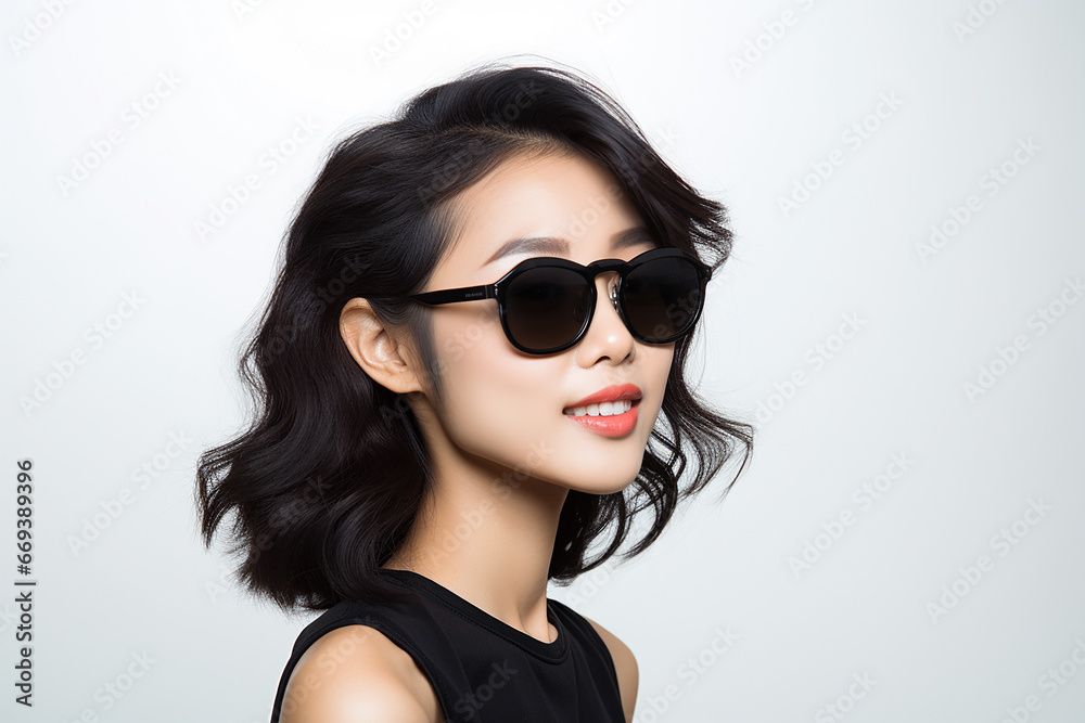 Studio portrait of beautiful asian woman wearing sunglasses on different colour background Studio portrait of beautiful asian woman wearing sunglasses on different colour background