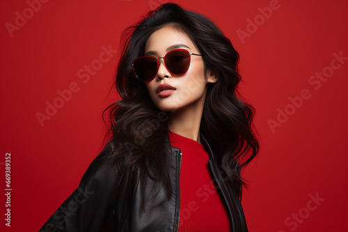Studio portrait of beautiful asian woman wearing sunglasses on different colour background