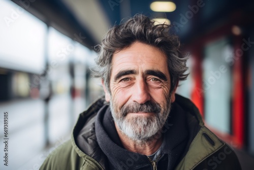 Portrait of a senior man with long grey hair and beard in an urban setting.