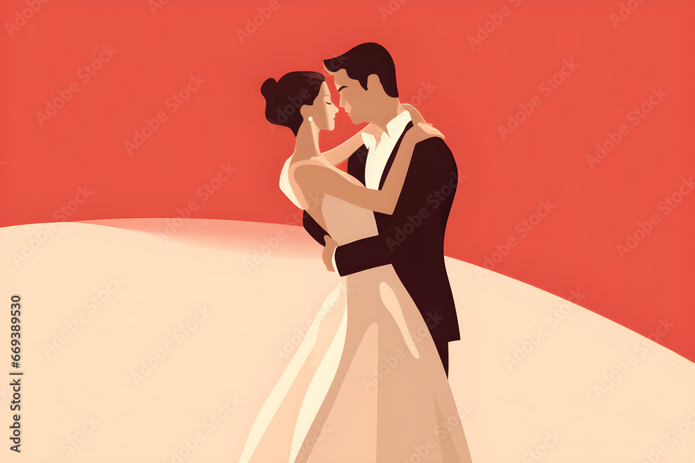 minimalist illustration of happy bride and groom minimalist illustration of happy bride and groom