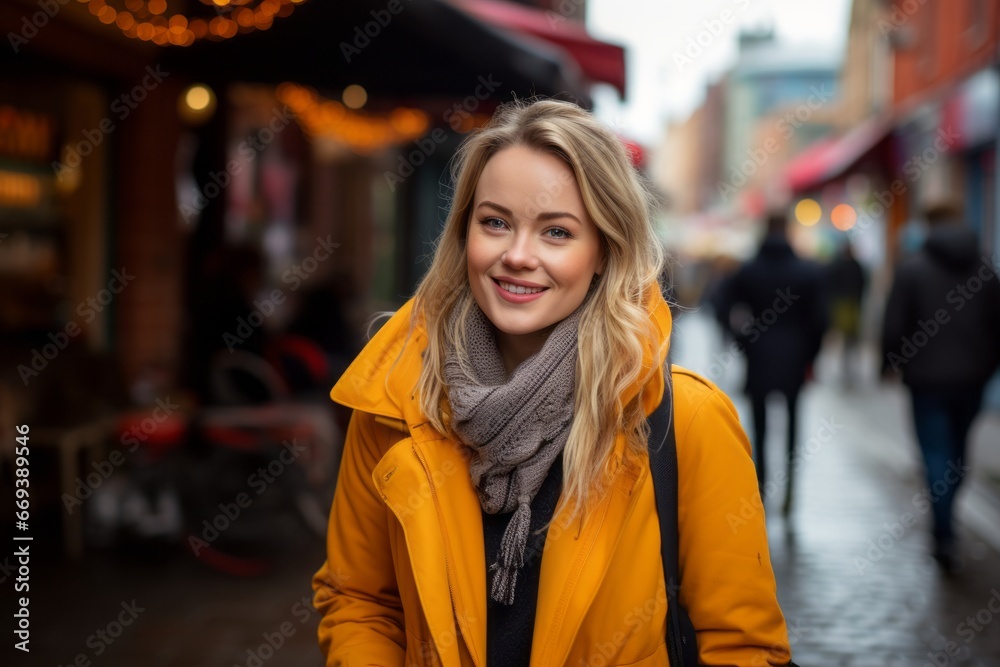 Portrait of a beautiful blonde woman in a yellow coat on a city street