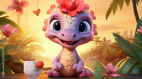 a cartoon character of a baby dinosaur with a playful expression. AI Generative