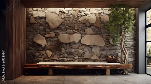 a room with natural furniture and stone walls  in the style of vray tracing  organic and naturalistic compositions  carved wood blocks  outdoor art  wood