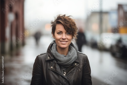 Portrait of a beautiful young woman with short hair in the city