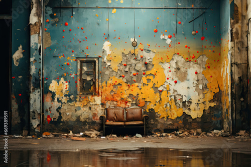 an old room with peeling paint on the walls, and a chair sitting in front of a wall that has been vandaled