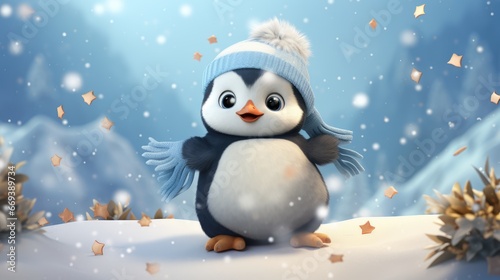 a cartoon character of a baby penguin with a fluffy belly and a cute bow tie. AI Generative © Horsi