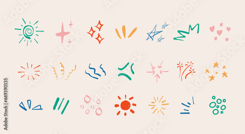 sparkle doodle hand draw set. hand drawn starburst shine. line explosion circles and spark elements. fireworks or cartoon confetti splatter vector isolated background