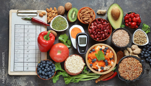 Low glycemic health food with blood sugar testing kit for diabetics with meal chart. Foods below 55 on the GI index, low carb, high in antioxidants, omega 3, protein, anthocyanins, vitamins, minerals